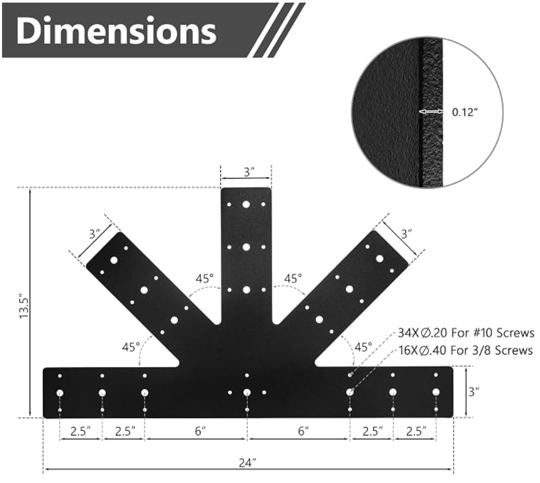 24.0"x13.5" Powder Coated 12 Pitch Gable Plate (1 pc). Heavy Duty 3mm Structure Steel for Decorative Gable Plate, Cedar Gable Bracket, Steel Truss Base Fan for Truss Roof Plate, Pergola Plate.